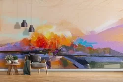 Abstract geometric landscape painted wallpaper