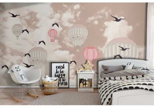 Hot air balloon and swallows children wallpaper