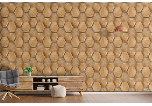 Wallpaper with hexagonal honeycomb wood surface