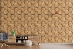 Wallpaper with hexagonal honeycomb wood surface
