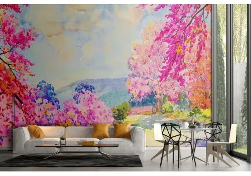 Carta da Parati paesaggio campagna dipinto alberi rosa