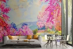 Wallpaper landscape countryside painted pink trees