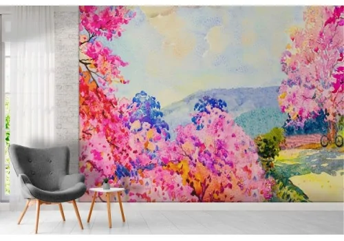 Wallpaper landscape countryside painted pink trees 2