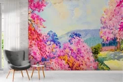 Carta da Parati paesaggio campagna dipinto alberi rosa