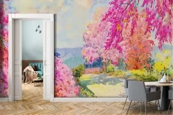 Wallpaper Painted Trees and Watercolors Nature Meadows and Hills
