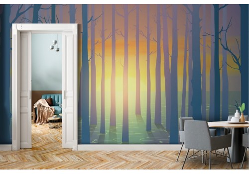 Wallpaper painted forest with lake