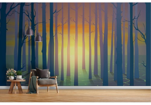Wallpaper painted forest with lake 2