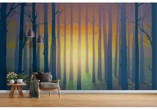 Wallpaper painted forest with lake 2