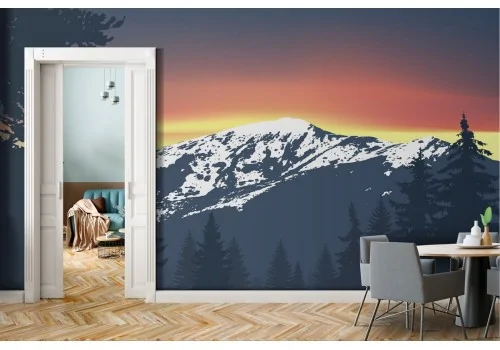 Carta da Parati paesaggio montagna con neve e alberi