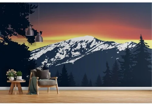 Carta da Parati paesaggio montagna con neve e alberi 2