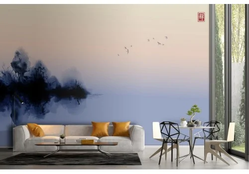 Carta da Parati mare lago con alberi astratti dipinto