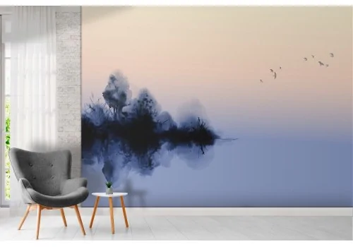 Wallpaper sea lake with abstract trees painting 2