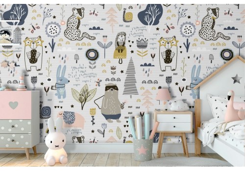 Wallpaper of stylized forest animals for children.