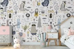 Wallpaper of stylized forest animals for children.