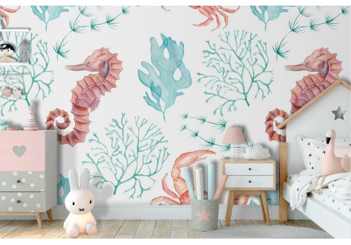 Marine animals pattern wallpaper for children.
