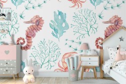 Marine animals pattern wallpaper for children.