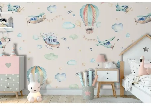 Wallpaper for children with hot air balloons and airplanes.108