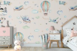 Children's wallpaper with hot air balloons and airplanes.