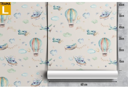 Children's wallpaper with hot air balloons and airplanes. 2