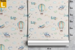 Children's wallpaper with hot air balloons and airplanes.
