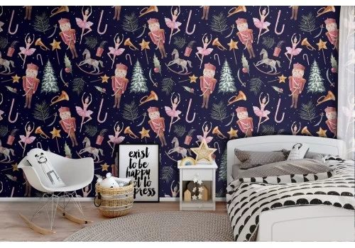Children's wallpaper with nutcracker and ballerina characters.