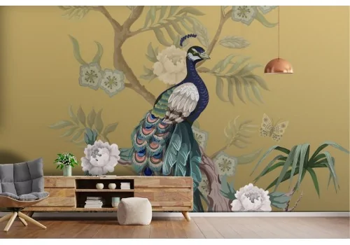 Carta da Parati pavone con fiori natura astratta luxury