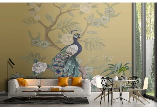 Carta da Parati pavone con fiori natura astratta luxury 2