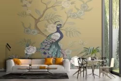 Carta da Parati pavone con fiori natura astratta luxury