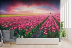 Carta da Parati prato fiori rosa con mulino paesaggio