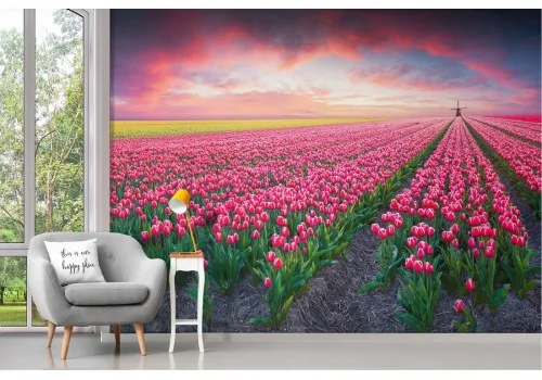 Wallpaper meadow pink flowers with mill landscape 2