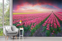 Carta da Parati prato fiori rosa con mulino paesaggio