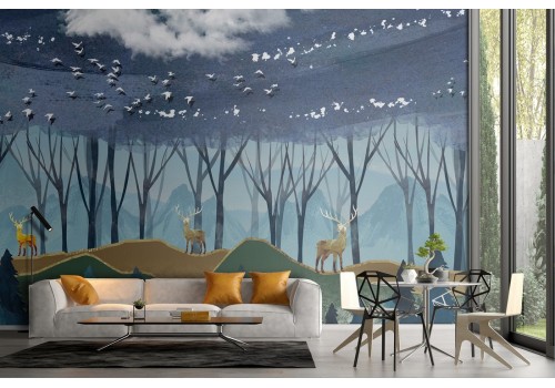 Stylized forest wallpaper with trees and animals