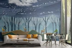 Carta da Parati foresta stilizzata con alberi e animali