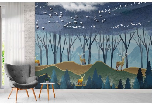 Stylized forest wallpaper with trees and animals 2