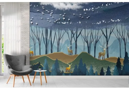 Stylized forest wallpaper with trees and animals 2