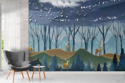 Carta da Parati foresta stilizzata con alberi e animali