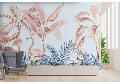 Tropical leaves and flamingo abstract nature wallpaper