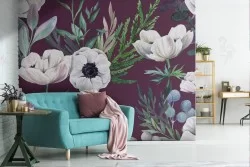 Carta da Parati fiori bianchi decorazione moderna.