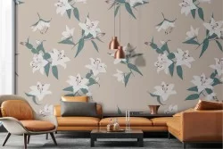 Carta da Parati fiori bianchi natura vintage.