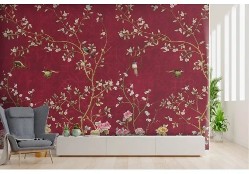 Carta da Parati fiori e uccellini natura dipinto vintage