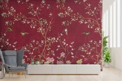 Wallpaper with flowers and birds nature vintage painting