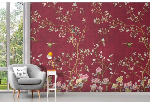 Wallpaper with flowers and birds nature vintage painting 2