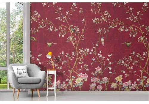 Wallpaper with flowers and birds nature vintage painting 2