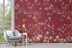 Wallpaper with flowers and birds nature vintage painting