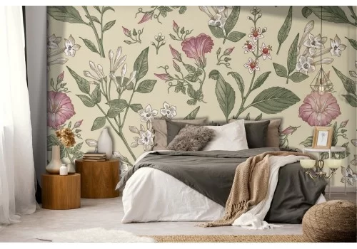 Carta da Parati fiori rosa decorazione vintage natura.