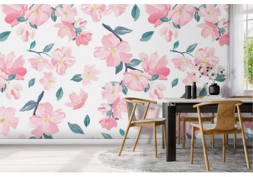 Pink flowers wallpaper modern nature design.