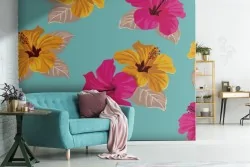 Pink and orange flowers wallpaper modern pattern.