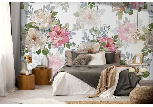 Vintage nature wallpaper with pink and white flowers.