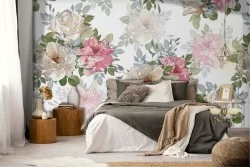 Carta da Parati fiori rosa e bianchi natura vintage.