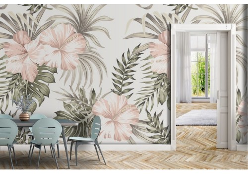 Pink flowers and tropical leaves nature pattern wallpaper.